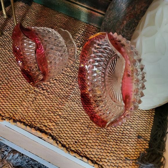 2pc Indiana Glass Ruby Flash Diamond Point~Dish & Footed Bowl - Picture 6 of 10